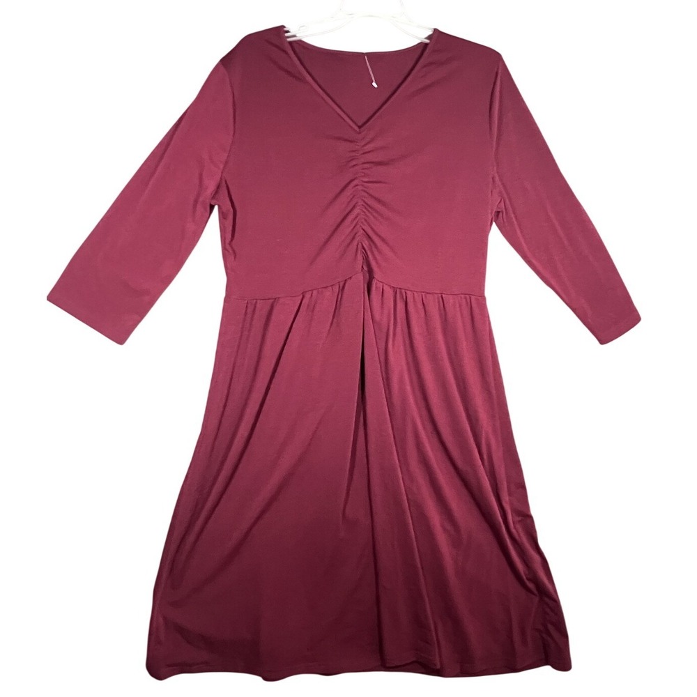 Women's Burgundy V-Neck Ruched Empire Waist Knit Dress 3/4 Sleeve XL